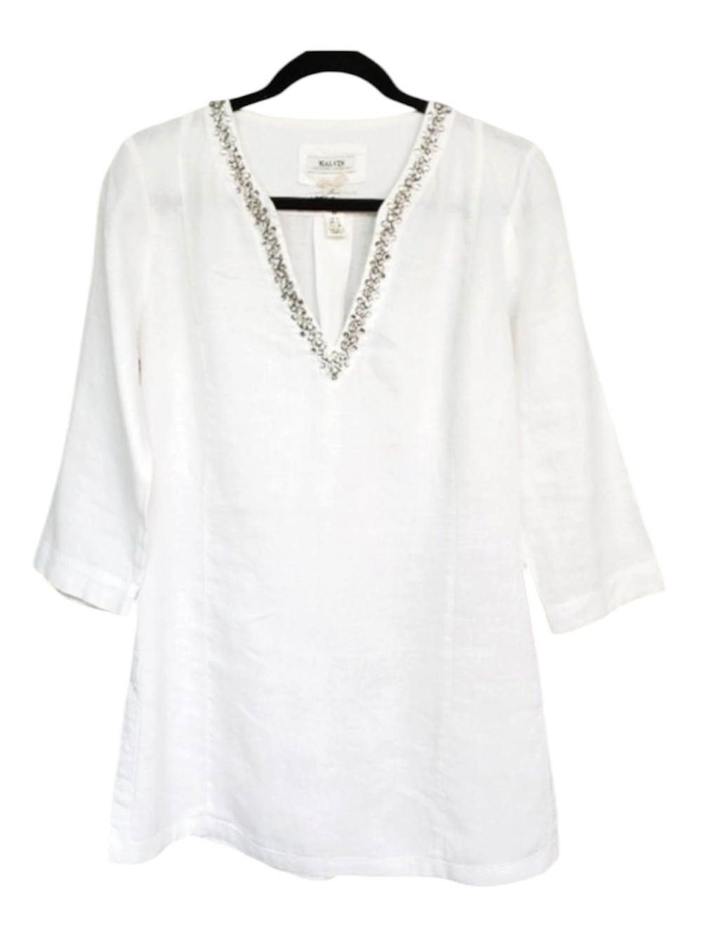 Malvin‎ White Linen Tunic Top w/ Embellished V-neck